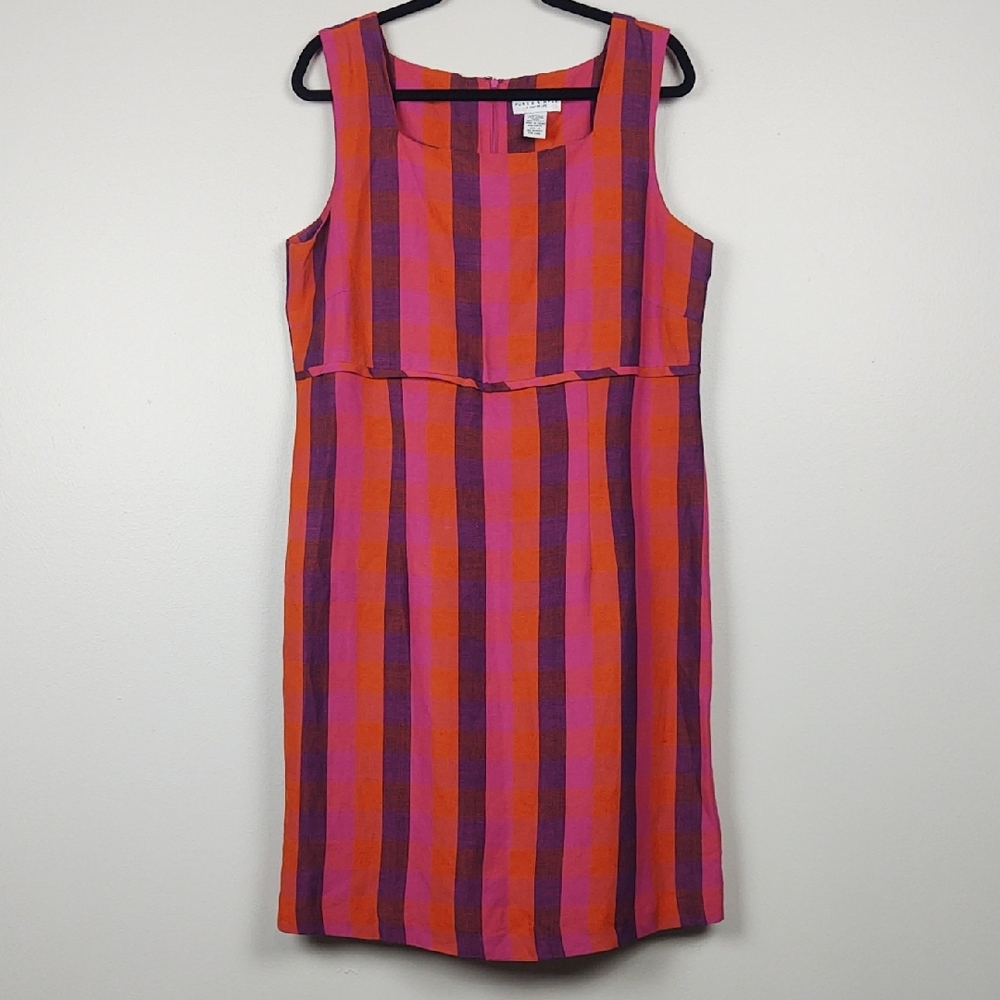 Linen Plaid Sheath Dress Retro Mod Preppy Bold Pink Orange 14 Pure & Simple